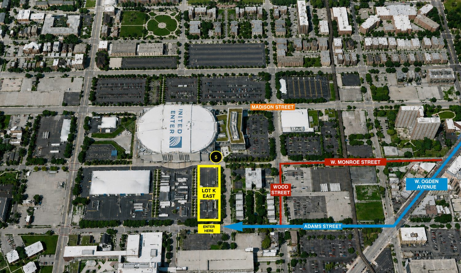 Aerial map showing Lot K East on the south side of the United Center, entrance off Adams Street.
