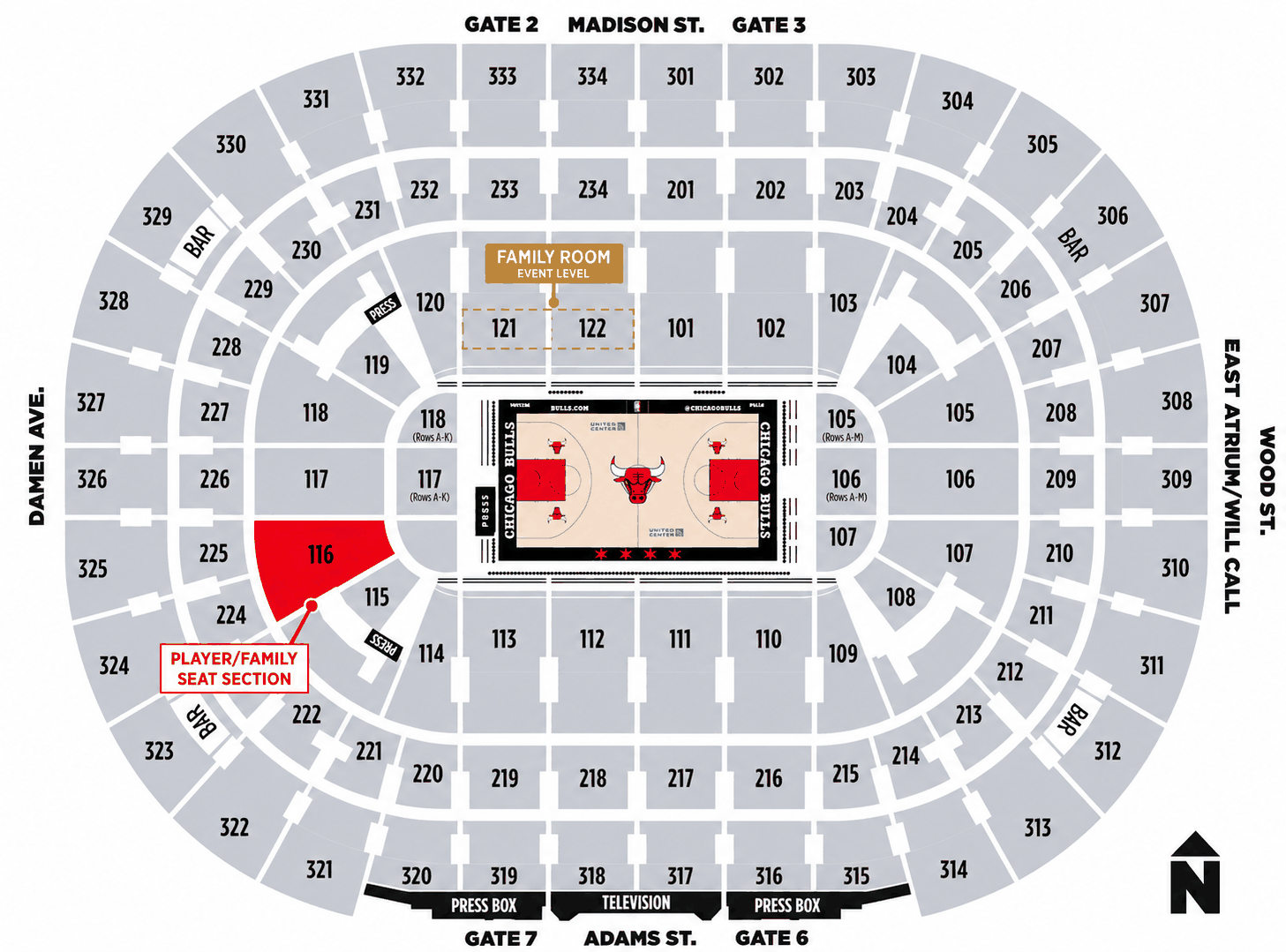 United Center seating map. The player and family seat section is 116 in the lower bowl. The Family Room is on the event level behind sections 121 and 122.
