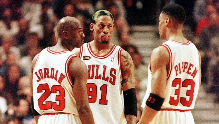 Michael Jordan, Dennis Rodman and Scottie Pippen together on the United Center floor