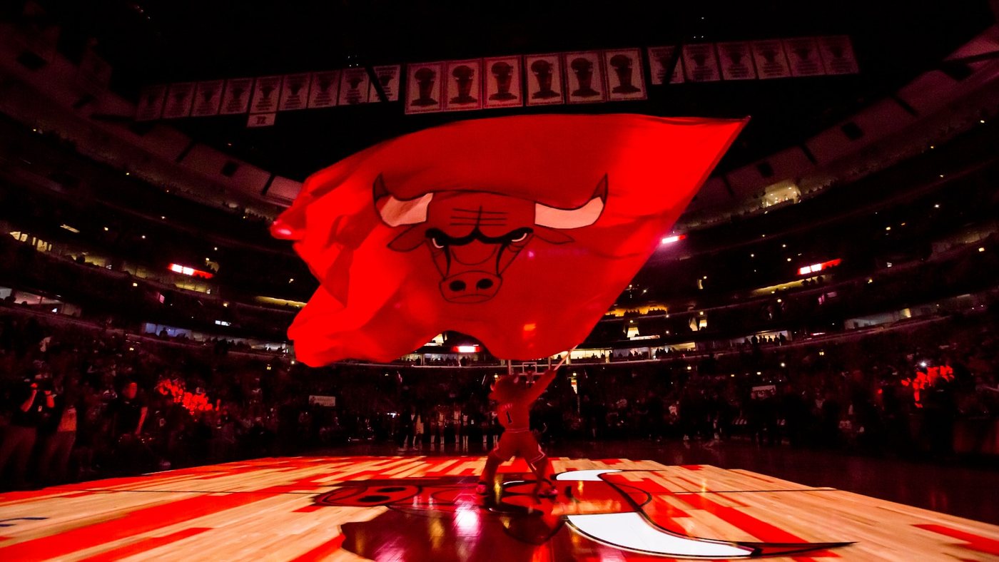 The United Center floor before tip-off, championship banners overhead
